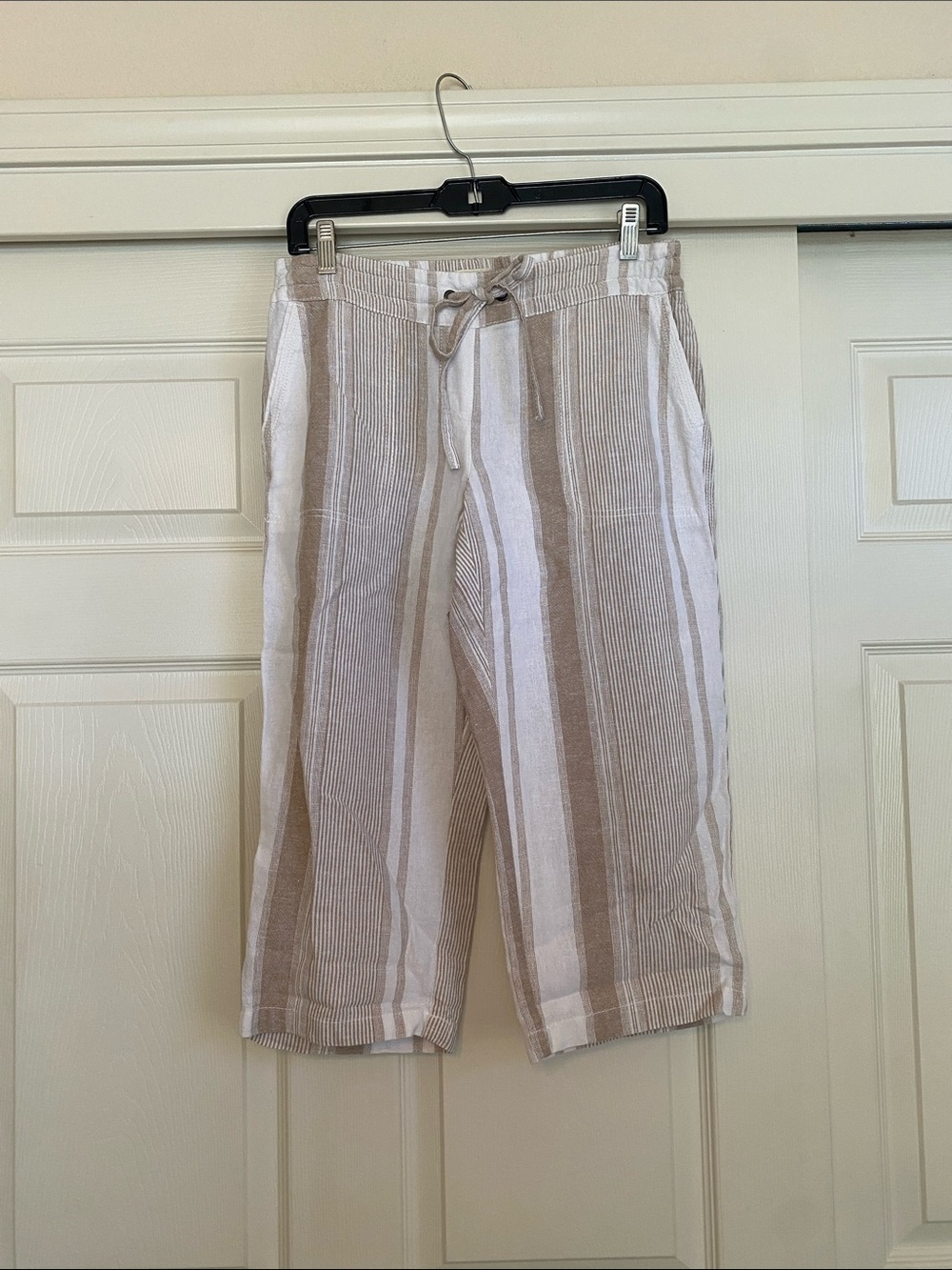 Per Se Beige and White Vertical Stripe Linen Chinos
